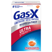 Gas-X Ultra Strength 50 Softgels Outer Packaging In Front Of White Background.