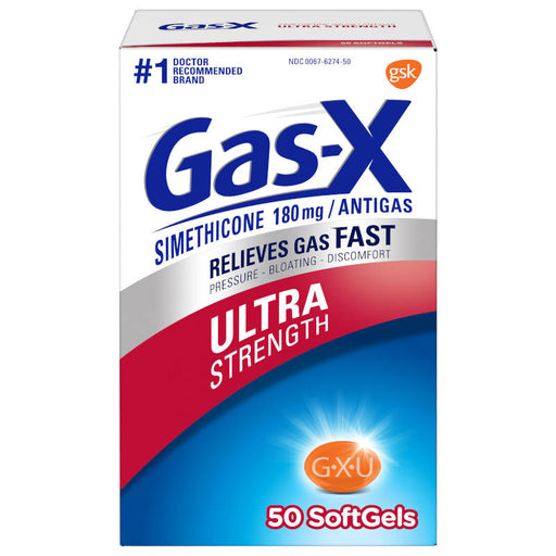 Gas-X Ultra Strength 50 Softgels Outer Packaging In Front Of White Background.