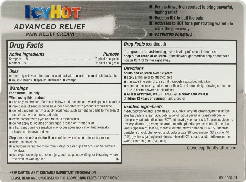 Icy Hot Advanced Pain Relief Cream 2 oz usage instruction on rear of product packaging