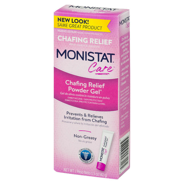 Monistat Complete Care Chafing Relief Powder Gel, 1.5 oz image of product packaging taken from a front side angle in front of white backdrop
