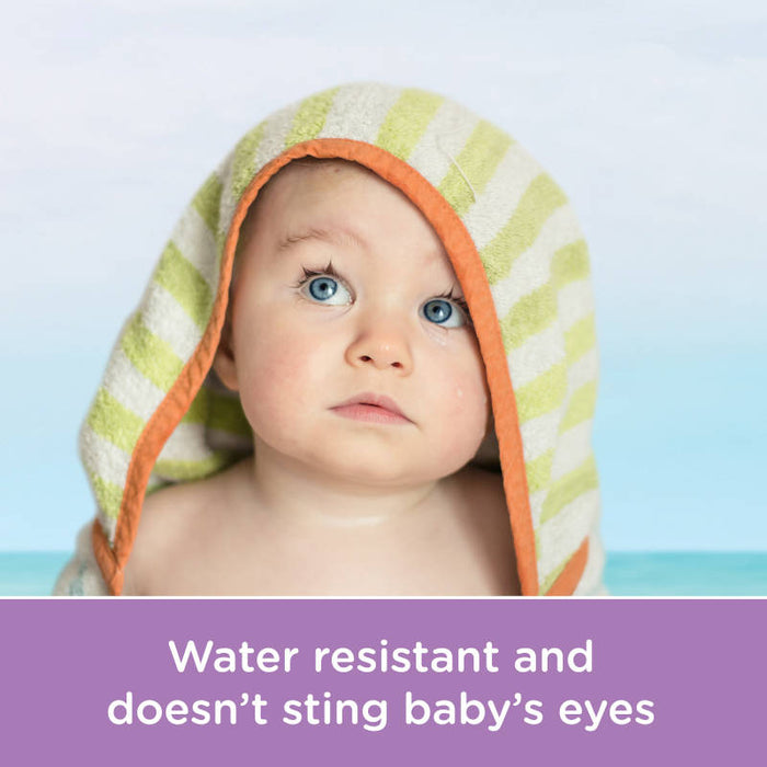 Aveeno Baby Continuous Protection Zinc Oxide Mineral Sunscreen Banner That Reads - Water resistant, doesn't sting baby's eyes.