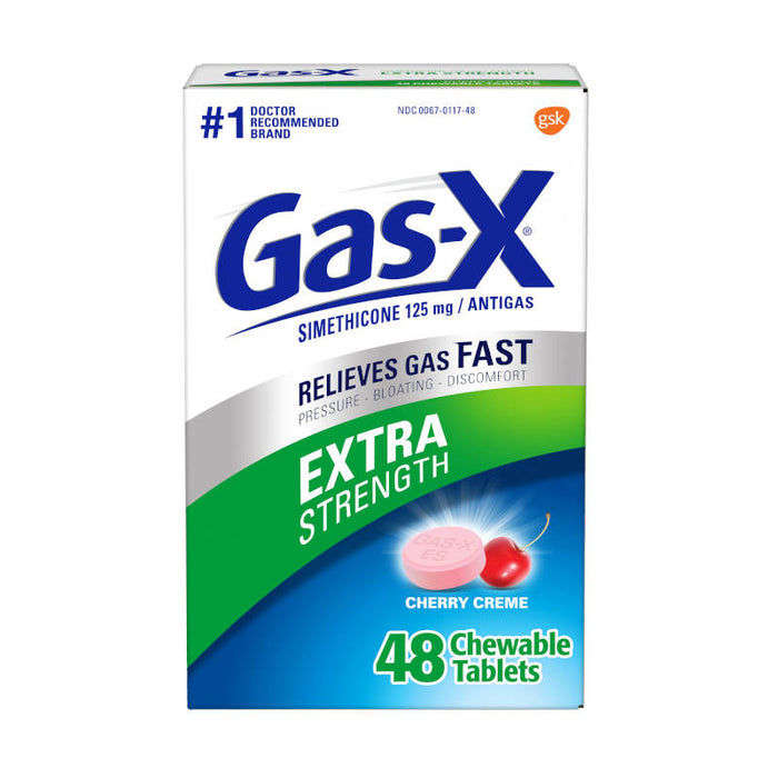 Gax X Extra Strength Cherry Creme Chewable Tablets 48 in front of white background.