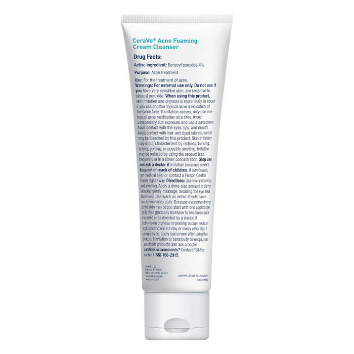 CeraVe Acne Foaming Cleanser 5 Oz drug facets on reverse of product bottle 