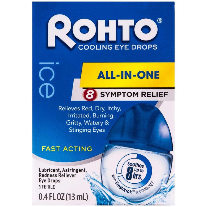 Rohto Ice Cooling Eye Drops 8 Symptom Relief 0.4 fl oz outer packaging in front of white background 