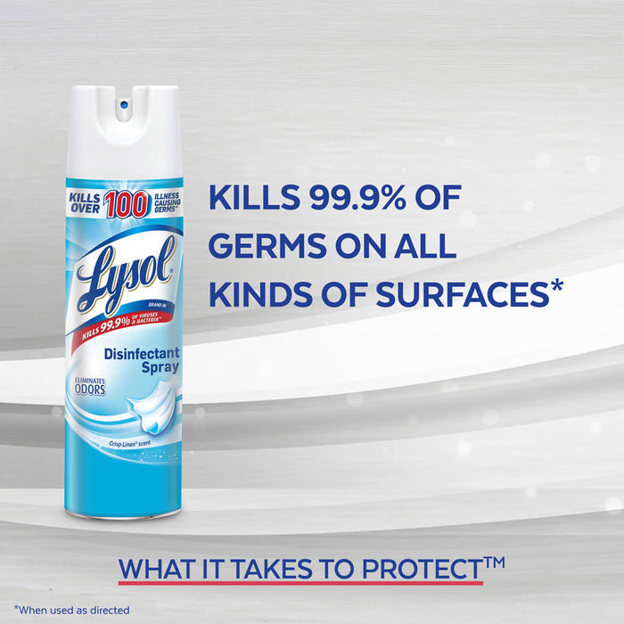 Lysol Disinfectant & Antibacterial Spray, Spring Waterfall Scent, 19 Oz bottle in front of white and grey background with the slogan "what it takes to protect