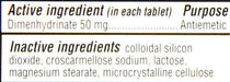 Dramamine Original  Formula Motion Sickness Relief  Tablets 12, ingredients list on reverse of product packaging