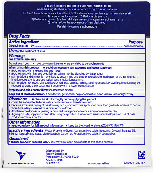 Clearasil Stubborn Acne Control 5in1 Spot Treatment Cream usage instructions on outer packaging