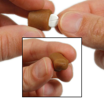 Close Up Picture Of Medication Being Placed Inside Of A greenies Pill Pocket Treat