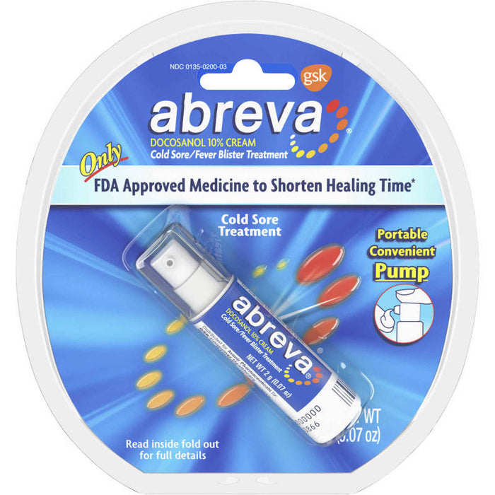 Abreva 10% Docosanol Cream 2 gram pump in outer packaging