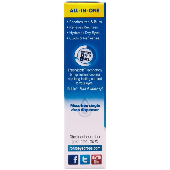 Rohto Ice Cooling Eye Drops 8 Symptom Relief 0.4 fl oz side view of outer packaging in front of white backdrop