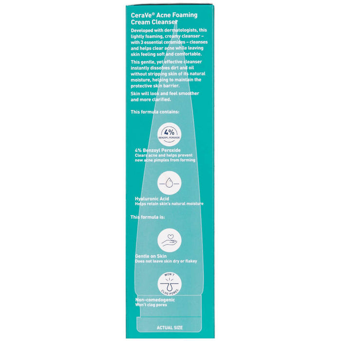 CeraVe Acne Foaming Cleanser 5 Oz Product benefits on side of outer packaging