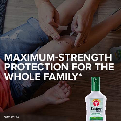 Bactine Max Pain Relieving Spray 5 Oz  Banner showing a leg injury that reads - Maximum Strength Protection For The Whole Family.
