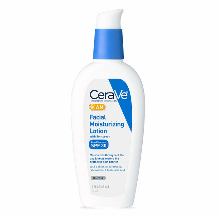 CeraVe AM Facial Moisturizing Lotion SPF 30 bottle in front of white background