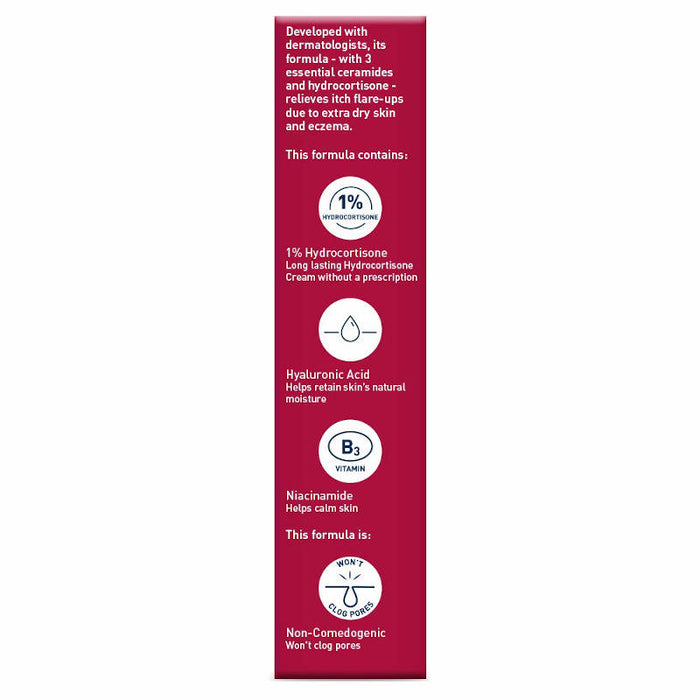 CeraVe Hydrocortisone 1% Dry Skin & Itch Relief Eczema Treatment & Cream 1 oz benefits listed on side of product packaging