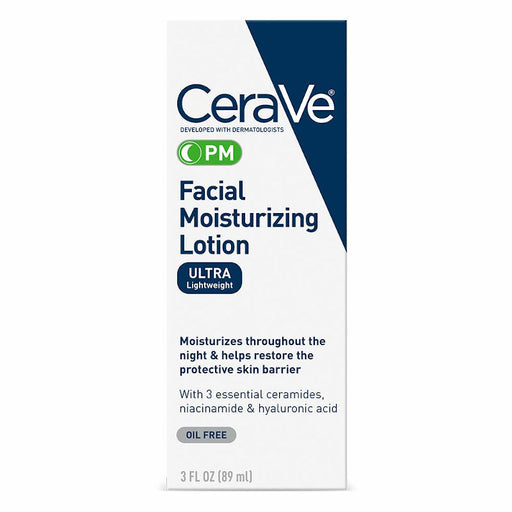 CeraVe PM Evening Facial Moisturising Lotion 3 oz Outer packaging in front of white background