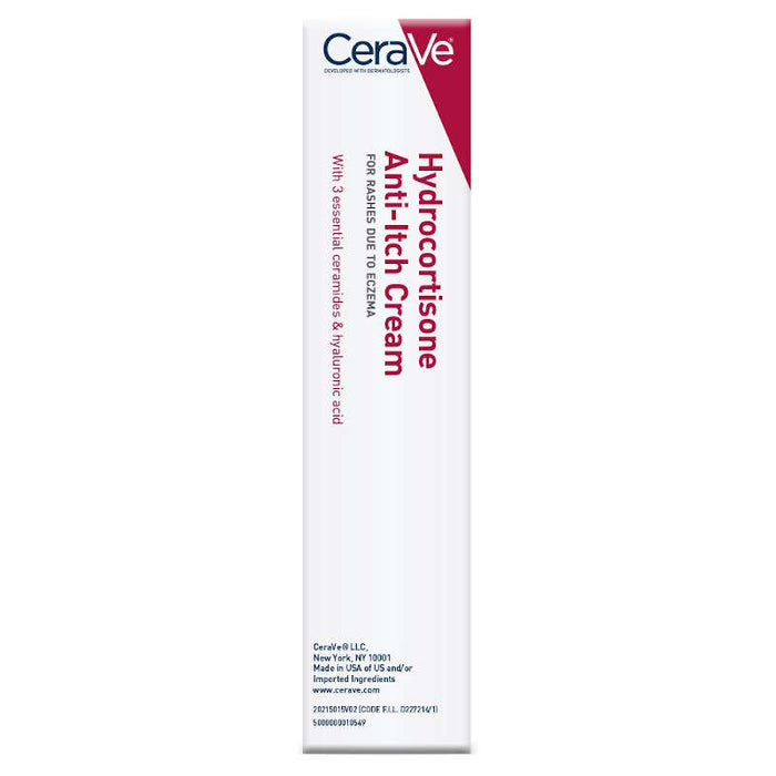 CeraVe Hydrocortisone 1% Dry Skin & Itch Relief Eczema Treatment & Cream 1 oz side view of product outer packaging