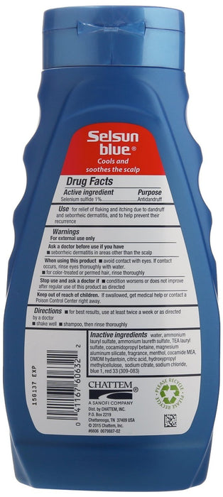 Selsun Blue Medicated Maximum Strength Dandruff Shampoo 11 oz usage instructions on reverse of product bottle