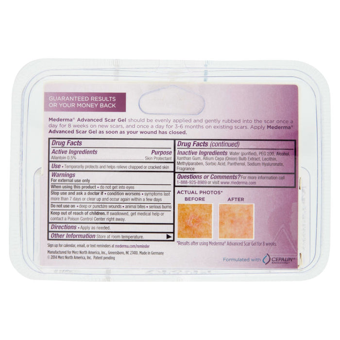 Mederma Advanced Scar Gel 20g usage instructions on reverse of product packaging