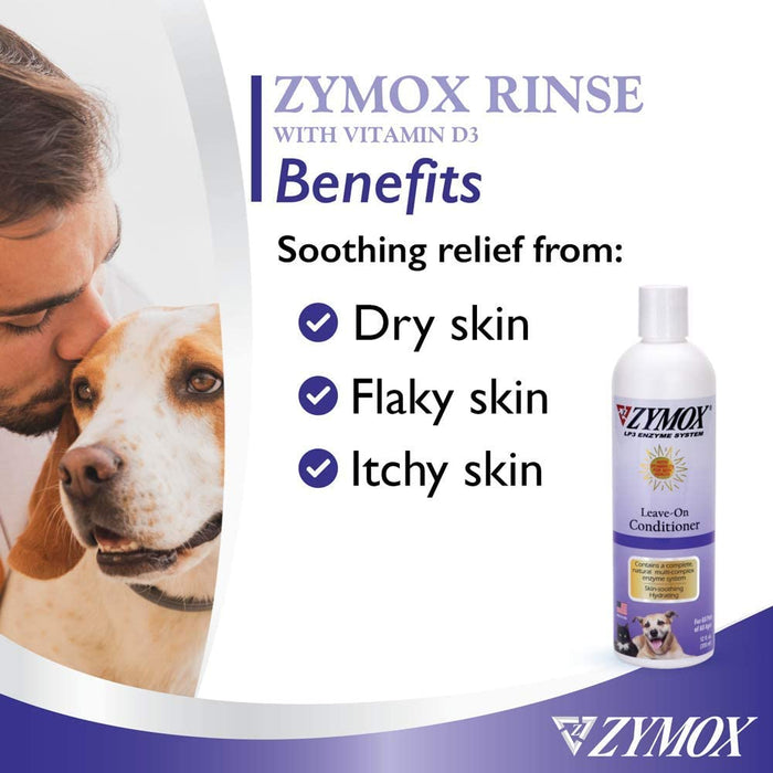 Zymox Conditioning Rinse Leave-On Conditioner 12 Fl Oz Banner stating - Soothing relief from Dry, Flaky & Itchy Skin.