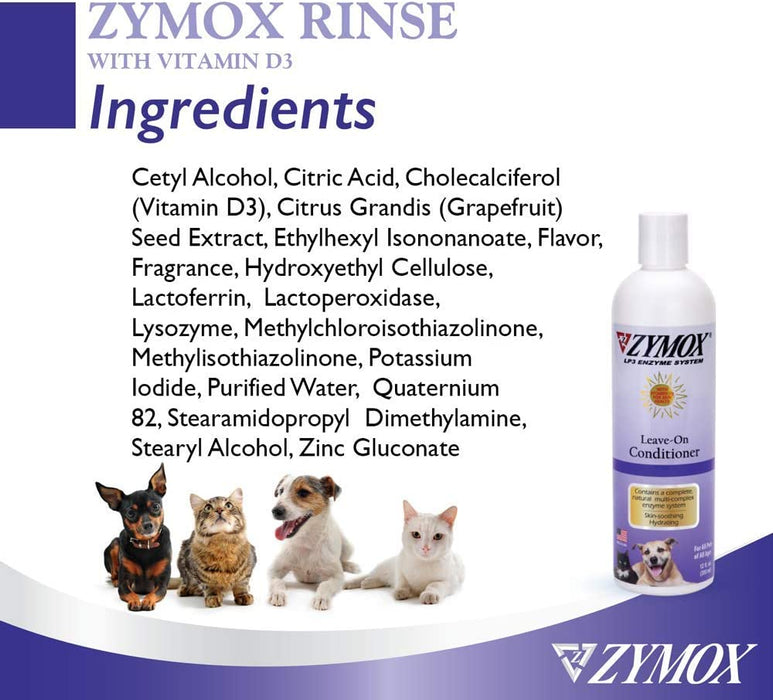 Zymox Conditioning Rinse Leave-On Conditioner 12 Fl Oz Ingredients List Banner