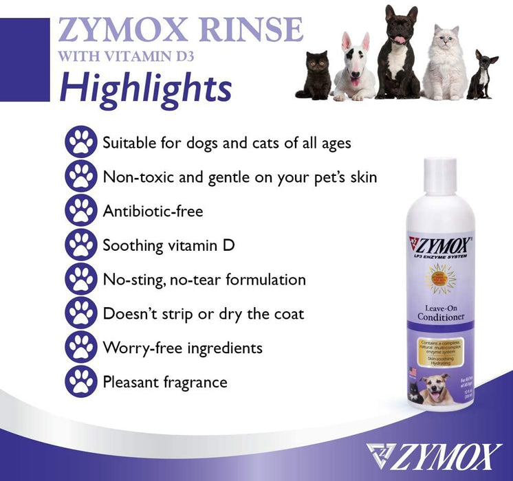 Zymox Conditioning Rinse Leave-On Conditioner 12 Fl Oz Banner stating that the product contains Vitamin D