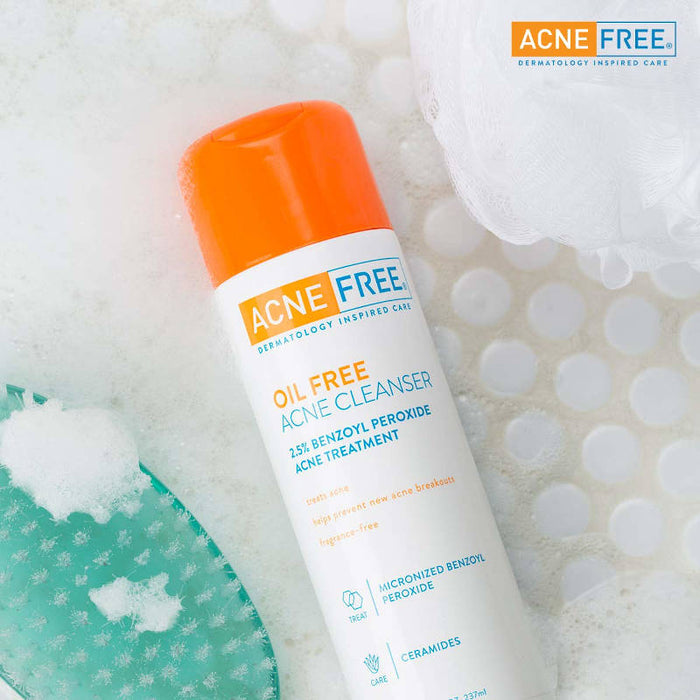 AcneFree Oil Free Acne Cleanser 8 Oz Banner Showing Product Bottle Next To Bubbles On Bathroom Side.