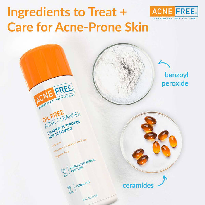 AcneFree Oil Free Acne Cleanser 8 Oz Banner That Reads - Ingredients To Treat And Care Acne- Prone Skin.