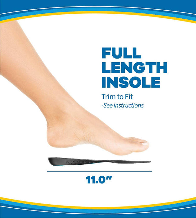 DR. Scholl's Comfort & Energy Work  Advanced Insoles banner showing a foot above product with the instructions trim to fit.