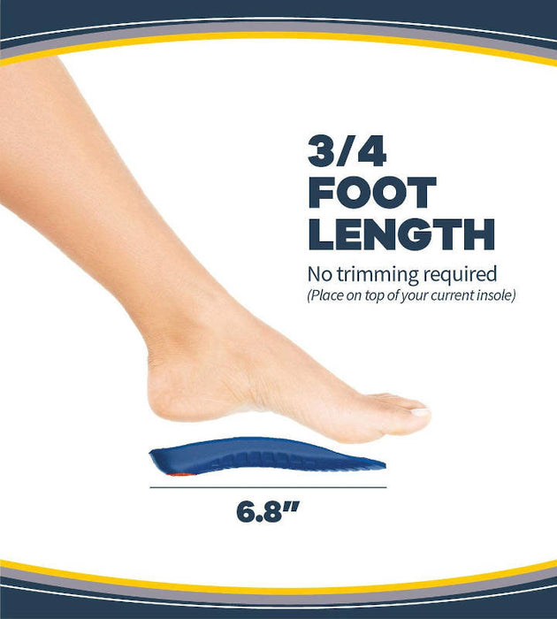 Dr. Scholl's Pain Relief Orthotics for Arch Pain banner stating that the product is 3/4 length and requires no trimming