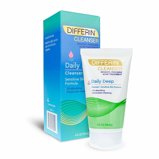 Differin Daily Deep Cleanser 4 Oz Product Bottle In Front Of Outer Packaging