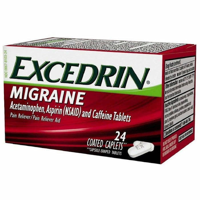 Excedrin Migraine Caplets 24 Outer Packaging In Front Of White Background.