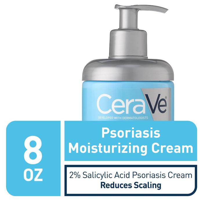 CeraVe Psoriasis Moisturizing Cream 8 oz banner showing product in front of white background. Highlighting product size (8 oz) & Key ingredient (2% Salicylic Acid).