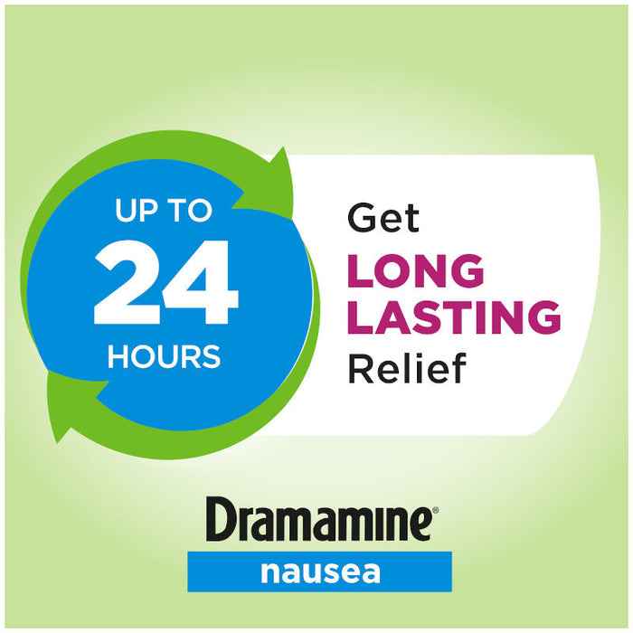 Dramamine Nausea Long Lasting 10 Tablets Banner That Reads Up To 24 Hours Relief