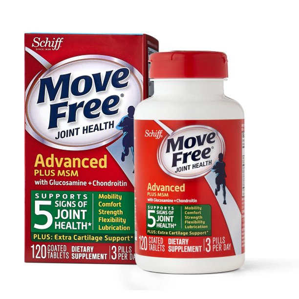 Move Free Advanced Plus MSM 120 Tablets Outer Packaging And Inner Bottle In Front Of White Background.