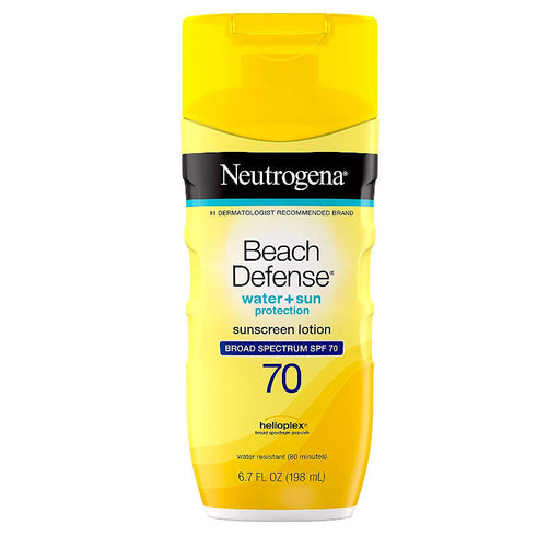 Neutrogena Beach Defense Sunscreen Lotion SPF 70, 6.7 Oz Bottle In Front Of White Background.