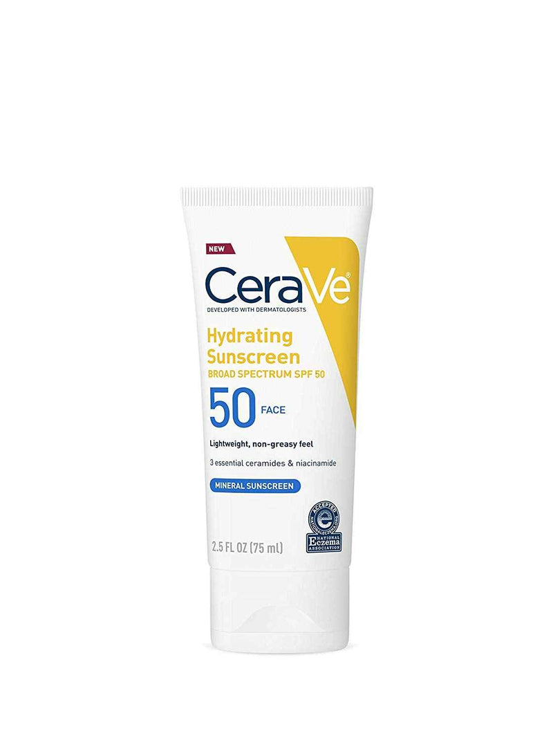 CeraVe Hydrating Face Sunscreen SPF 50, Lightweight Mineral Sunscreen, 2.5 Fl Oz