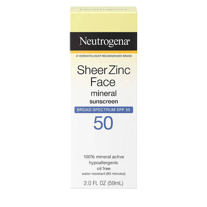 Neutrogena Sheer Zinc Oxide Dry-Touch Face Sunscreen product outer packaging front view with white background