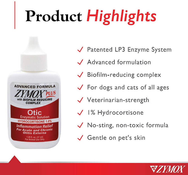 Zymox Plus Advanced Formula 1% Hydrocortisone Otic Dog & Cat Ear Solution, 1.25 oz product highlights banner