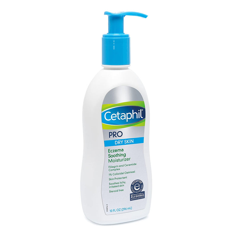 Cetaphil Pro Eczema Soothing Moisturizer 10 oz bottle close up, taken from a front/side angle in front of white backdrop