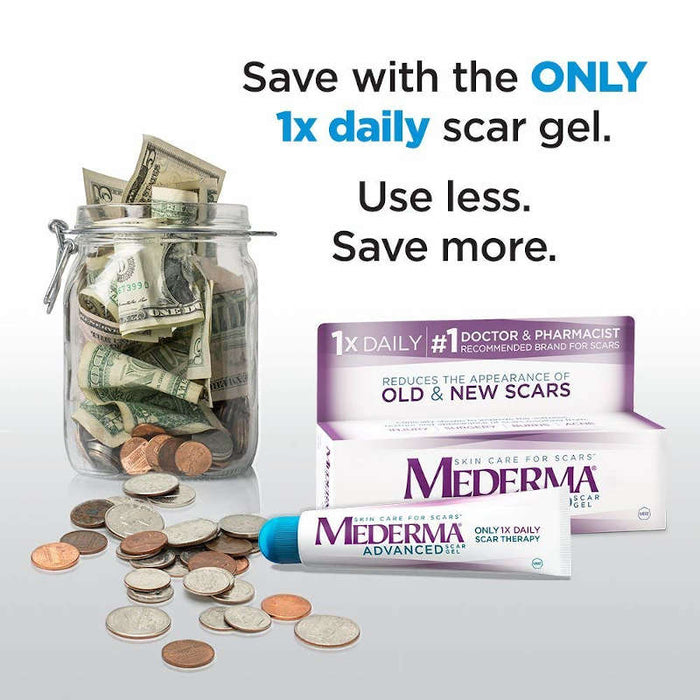 Mederma Advanced Scar Gel 20g banner showning Mederma Cream next to a money jar with the slogan "use less, save more".