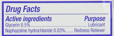 Ingredients list for Clear Eyes Cooling Comfort Redness Relief Eye Drops 0.5 ml, pictured on reverse of outer packaging