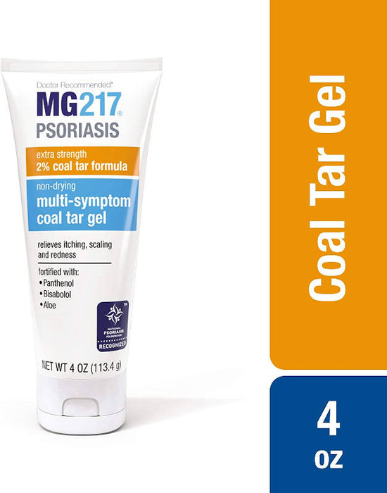MG217 Non-Drying Multi-Symptom 2% Coal Tar Psoriasis Gel 4 oz  banner showing bottle of product in front of white background