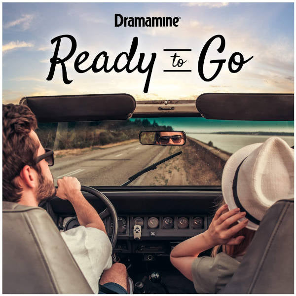 Dramamine All Day Less Drowsy Tablets Chewable Formula Banner stating ready to go. Showing two people in a car on a road trip.