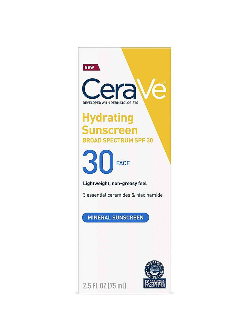CeraVe Hydrating Face Sunscreen SPF 30, Lightweight Mineral Sunscreen, 2.5 Fl Oz