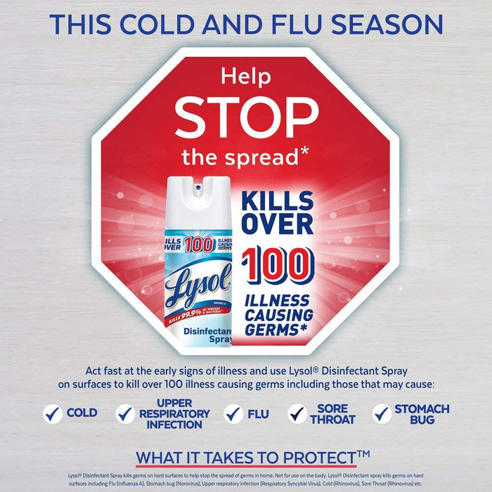 Lysol Disinfectant & Antibacterial Spray, Early Morning Breeze Scent, 19 Oz  banner that reads " its cold ond flu season, Help stop the spread"