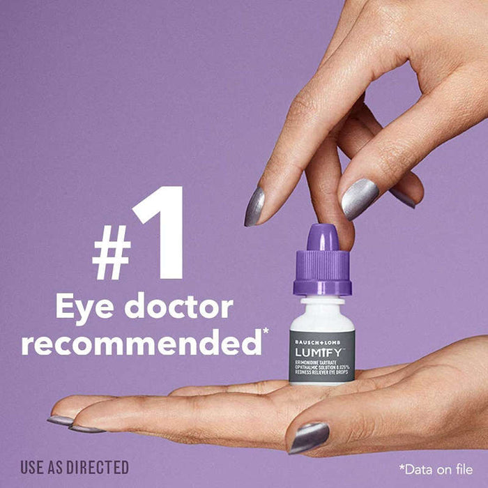 Lumify Eye Drops UK Redness Reliver Eye Drops Banner showing a pair of hands holding a bottle of Lumify eye drops in front of a purple background. Slogan next to hands reads number 1 eye doctor recommended 