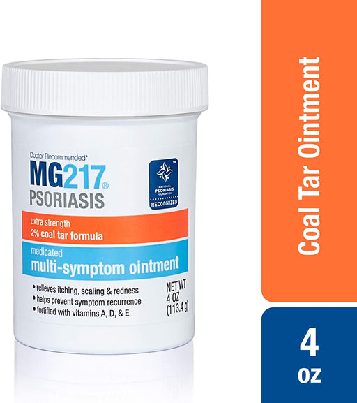 MG217 Medicated Multi-Symptom Psoriasis Treatment Ointment Cream Container 4 oz, in front of white background