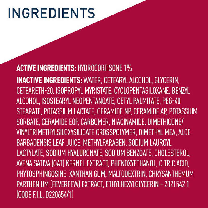 CeraVe Hydrocortisone 1% Dry Skin & Itch Relief Eczema Treatment & Cream 1 oz product ingredients list banner