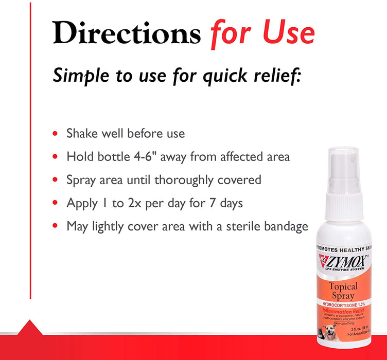 Zymox  Topical Spray with Hydrocortisone 1.0% usage instructions banner