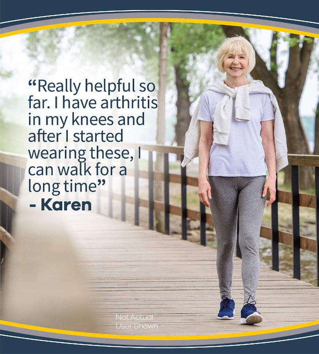 Mature woman walking around freely with a smile on her face. Bann text reads "Really helpful so far. I have Arthritis in my knees and after I started wearingthese, I can walk for a long time"